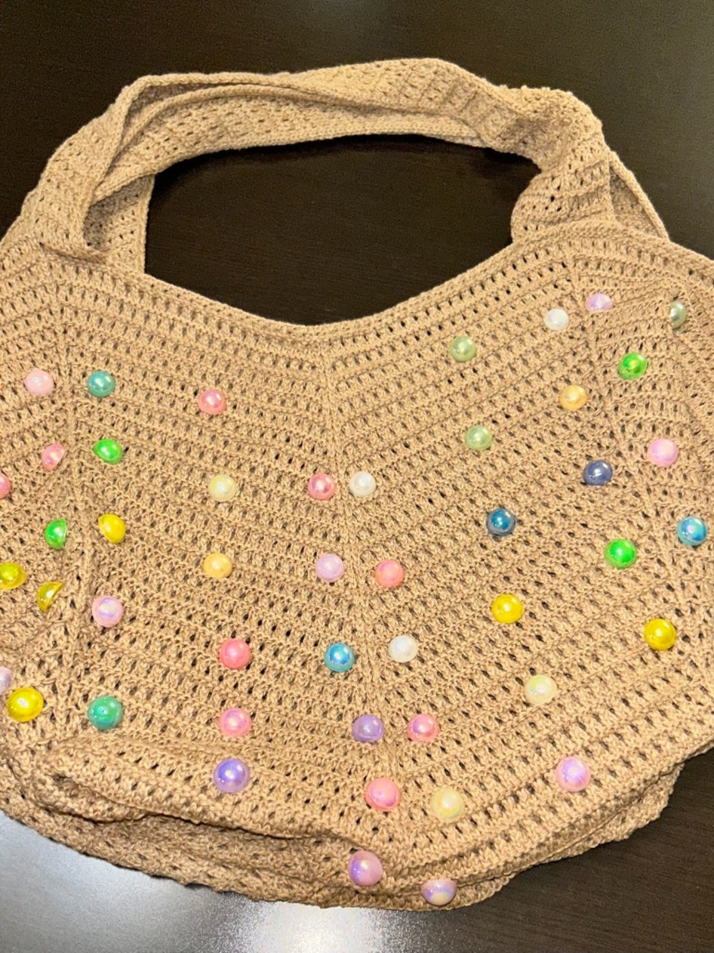 Beige Crochet Shoulder Bag with Multicolor Bead Accents - Picture 3 of 5